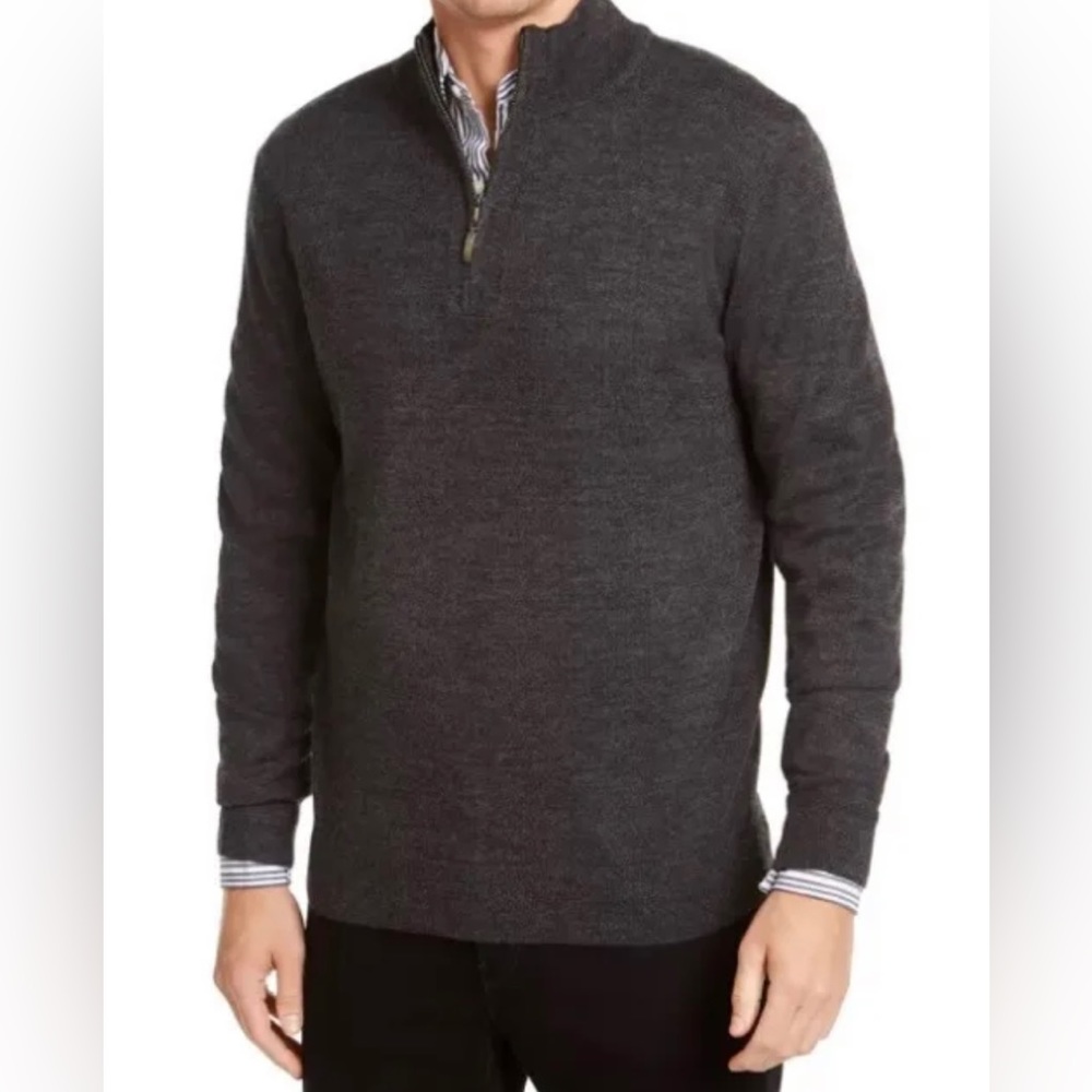 NWT Club Room Men Quarter Zip Merino Wool Blend Sweater S M Ebony Heather